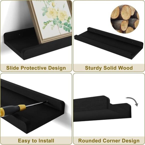Black Floating Shelves for Wall Set of 4, Wood Wall Shelves with Lip,15.6 Inch - Picture 6 of 7
